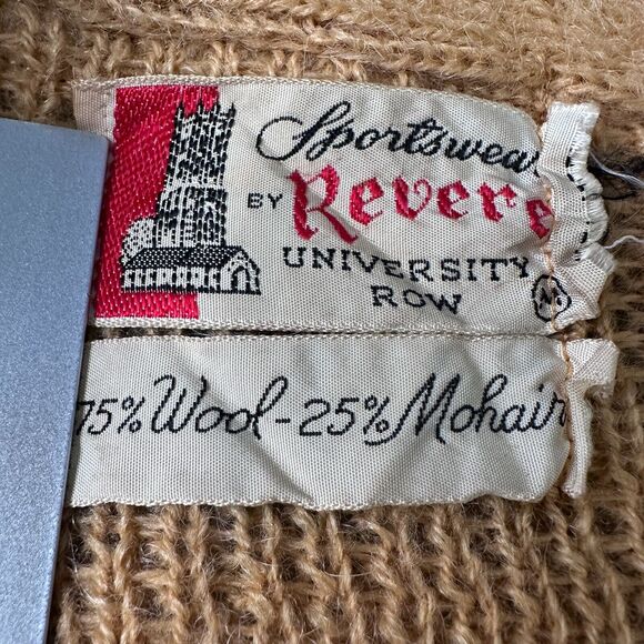 Vintage Revere Cardigan Kurt Cobain Mohair Sweater Mens Medium Tan 60s Elbow Pad - Picture 9 of 12